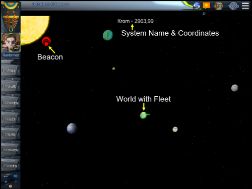 System Map with player's starting fleet in Home World's orbit